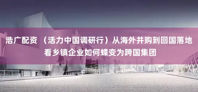 浩广配资 （活力中国调研行）从海外并购到回国落地 看乡镇企业如何蝶变为跨国集团